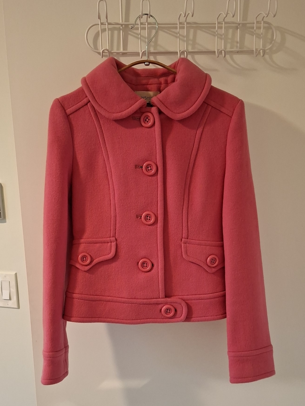 Chic Timeless Pink Peacoat with Feminine Peter Pan Collar 100% Wool (Size XS)